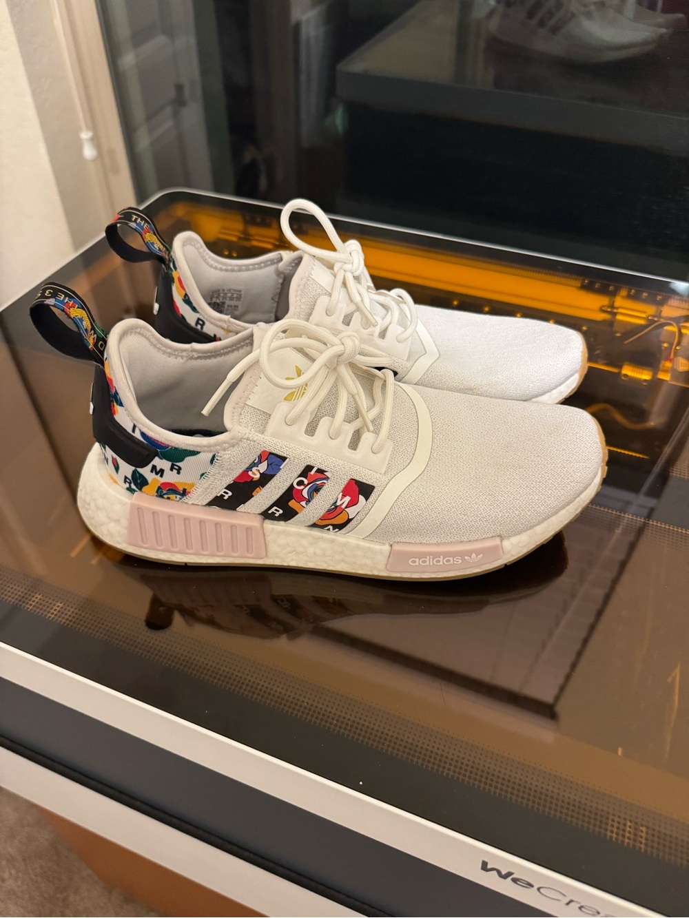 adidas women’s White NMD R1 Sneakers with Multicolor Accents
